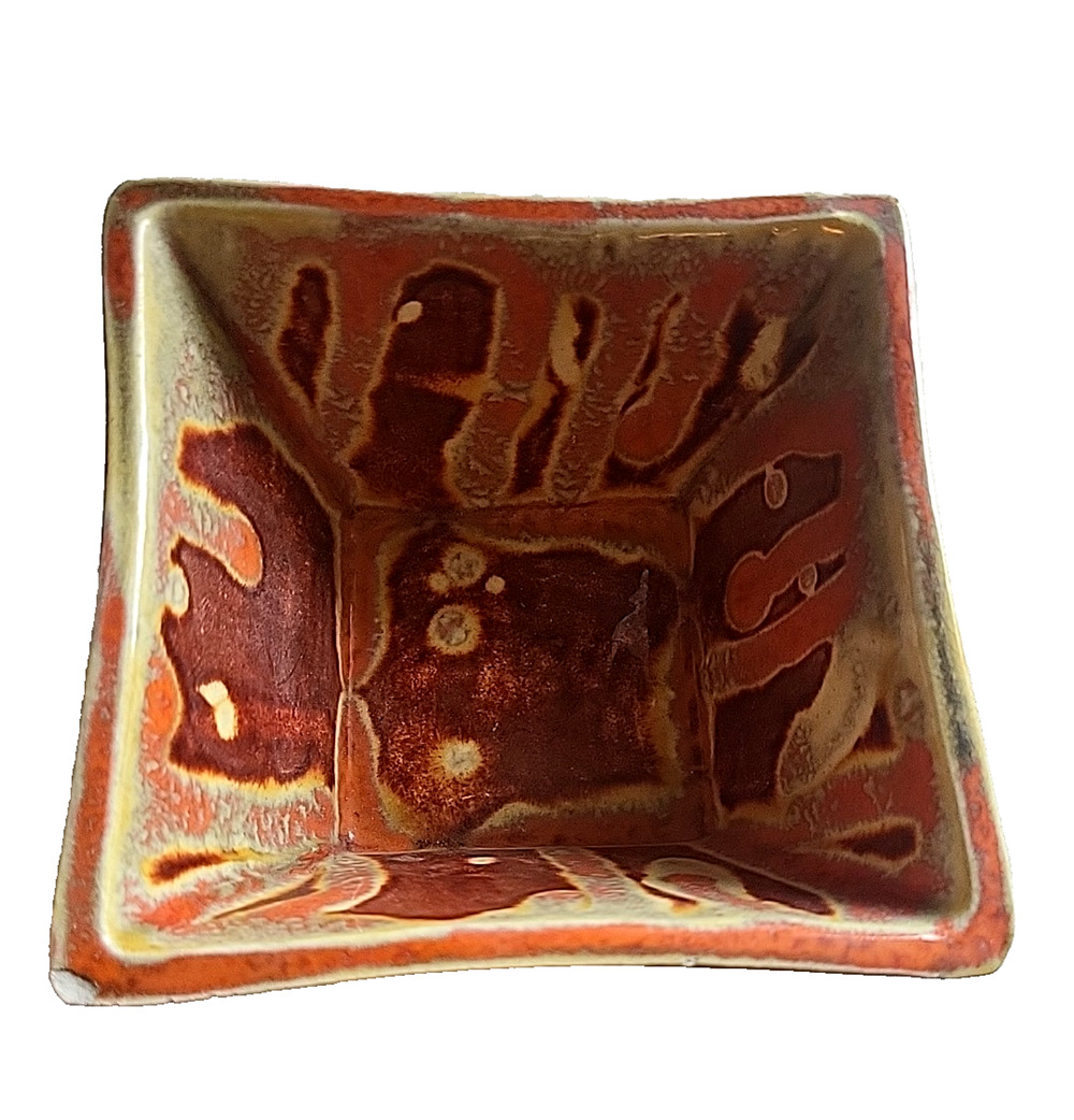 MCM Vintage Hand Painted Square Orange Yellow Splatter Drip Ceramic Planter Pot
